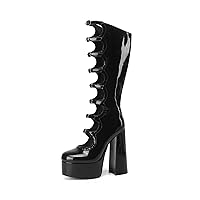 Frankie Hsu Gothic Lolita Women's Large Size Buckle Strap Black Patent Leather Platform Chunky Block Knee High Heeled Boots