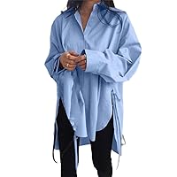 Women Long Sleeve Boyfriend Button Down Shirts Asymmetrical Casual Lace Up Oversized Tunic Tops