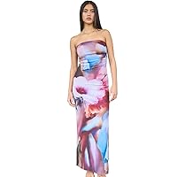 Printed Mesh Tube Maxi Dress