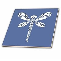 3dRose Dragonfly White Tribal Tattoo Style Art On Blue - Tiles (ct_355578_7)