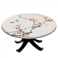 Nature Round tablecloth with elastic edge, Flowers Buds and Birds with Cherry Branches Style Art Painting Effect, Suitable for dining tables, parties and camping, Fit for 24