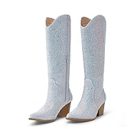 Arromic Cowboy Boots for Women, Western Cowgirl Boots for Women Knee High Tall Pointed Toe Embroidered Pull On Zipper Stitching Chunky Heel Fashion Boots