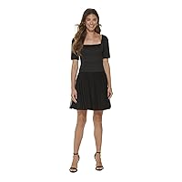 DKNY Womens Black Zippered Lined Mesh Skirt Elbow Sleeve Square Neck Above The Knee Fit + Flare Dress 14