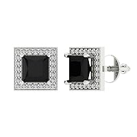 2.30 ct Princess Round Cut Halo Solitaire VVS1 Natural Black Onyx Pair of Solitaire Stud Screw Back Earrings 18K White Gold