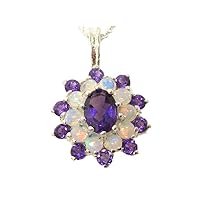 Ladies Solid 925 Sterling Silver Ring, Ornate Vibrant Natural Amethyst & Opal 3 Tier Cluster Pendant Necklace