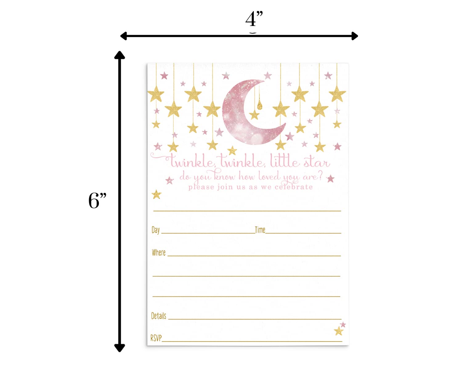 Paper Clever Party Twinkle Little Star Invitations and Envelopes (15 Pack) Blank Invites for Girls Baby Shower, Reveal, Sprinkle – Celestial Theme Design Pink and Gold - Printed 4x6 Size Card Set
