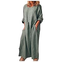 Summer Dress for Women Cotton Linen Long Dress Casual 3/4 Rolled-Up Sleeve Side Split Maxi Dresses Loose Beach Dress