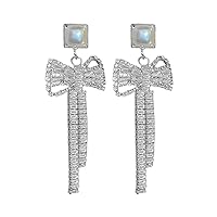 Rhinestone Bow Knot Dangle Earrings for Women Girls Sterling Silver Pins Cubic Zirconia Threader Tassel Earrings Long Drop Stud Earrings Elegant Ear Jewlery