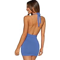 DREAM SLIM-Women's Sexy Halter Mini Bodycon Dress Tie Back Short Dresses Hollow Out Ruched Sleeveless Club Party Dresses