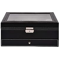 Watch Box 2 Layers 12 Slots Watches Display Lockable Glass Lid Storage Box With Jewelry Drawer Black Faux Leather Watch Organizer Collection (Size : 30x20x12.8cm)