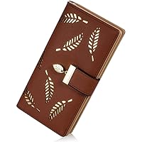 Women Leather Purse with Gold Hollow Leaves For Women with Coin and Card Holders Clutch Zipper Wallet Handbag (Coffee)