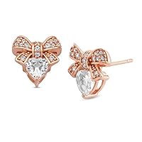 5.0mm Heart-Shaped D/VVS1 White Sapphire Diamond Bow Stud Earrings In 925 Sterling Silver With 18K Rose Gold Plated