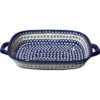 Polish Pottery Baking Dish with Handles From Zaklady Ceramiczne Boleslawiec #1345-166a Floral Peacock Classic Pattern, Depth: 2.5