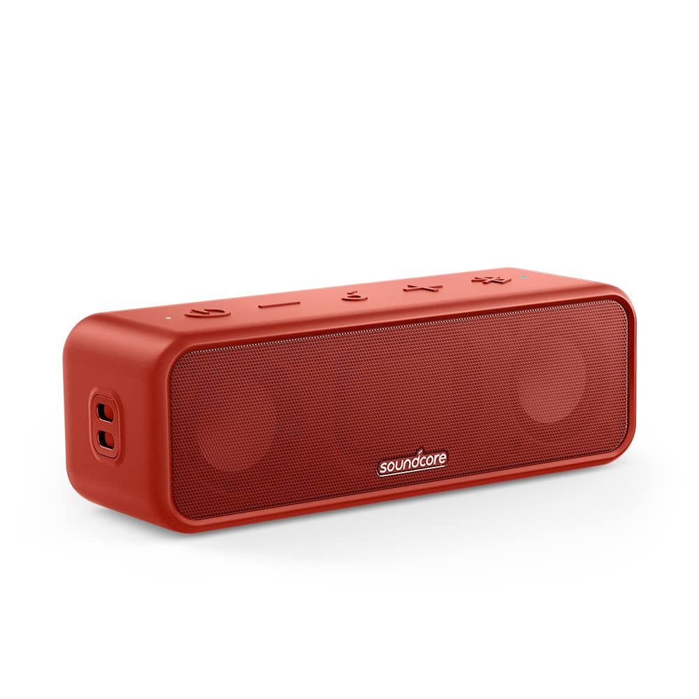 Soundcore 3 by Anker, Bluetooth Speaker with USB-C Connection, Stereo Sound, Pure Titanium Diaphragm Drivers, PartyCast, BassUp, 24H Playtime, IPX7 Waterproof, App, Custom EQ - Red
