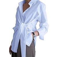 Women's Long Sleeve Button Down Shirts Tie Waist Casual Loose Blouses Tops