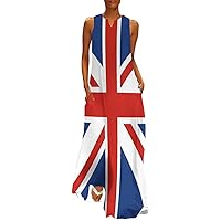 Union Jack UK Flag Ankle Long Maxi Dress for Women Sleeveless Summer with Pockets