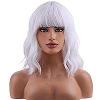 White Wig Short Bob Wig Short White Wig With Bangs Curly Wavy White Wig for Women Heat Resistant Synthetic Hair Wigs for Daily Use Cosplay Wig With Wig Cap