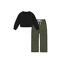Betusline Long Sleeve Crop Top and Cargo Pants 2 Piece Clothing Sets For Girls, 4T-14 Years
