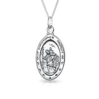 Bling Jewelry Personalized Unisex Religious Medal Medallion Oval Round Saint Theresa Saint Christopher Pendant Necklace For Women Mens Teen Oxidized .925 Sterling Silver Customizable