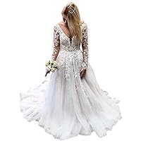 Women's Double V-Neck Lace Applique Wedding Dresses for Bride Long Sleeve Church Train Bridal Ball Gowns