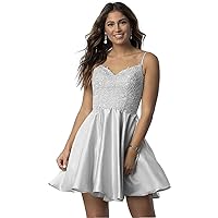 Women's Spagheeti Strap Homecoming Dess Lace Applique Satin Short Party Gowns with Pockets