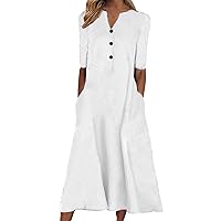 Vacation Dresses for Women Summer Casual Short Sleeve V Neck Dress Fashion Button Down Knee Length Beach Dress with Pockets