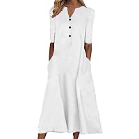 Summer Women Maxi Dress Casual Hide Belly Tunics Loose Sexy Buttons Henley Tshirt Dresses Flowy Beach Long Dress with Pockets