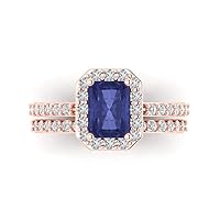 Clara Pucci 2.3 ct Emerald Cut Halo Solitaire Genuine Simulated Tanzanite Designer Art Deco Statement Wedding Ring Band Set 18K Rose Gold