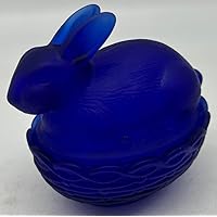Glass Easter Bunny Rabbit on Covered Dish Mosser Glass - Cobalt Blue Satin