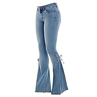Women's Mid Waist Tie Stretch Denim Flared Pants Pull-On Stretch Bootcut Slim Lace-up Bell Bottom Wide Leg Jean