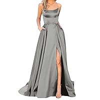 Women's Spaghetti Straps Satin Wedding Guest Dresses for Women Summer Maxi Party Strap with Pockets Y2K