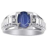Rylos Mens Rings 14K White Gold - Blue Star Sapphire & Diamond Ring 8X6MM Color Stone Gemstone Rings For Men Mens Jewelry Gold Rings