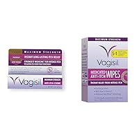 Vagisil Maximum Strength Feminine Anti-Itch Cream with Benzocaine for Women & Anti-Itch Medicated Feminine Intimate Wipes for Women, Maximum Strength, Gynecologist Tested, 12 Wipes