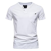 T Shirts for Men V Neck 2024 Fashion Casual Solid Color Cotton Pocket Button Short Sleeve T Shirt for