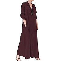 Cotton Linen Shirt Dress for Womens Button Down Maxi Blouse Dress Casual Loose Long Sleeve Abaya Dress with Pockets