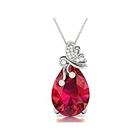 Butterfly top on Pear Shape Lab Made Red Ruby 925 Sterling Silver Pendant Necklace with Cubic Zirconia Link Chain 18