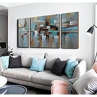 Abstract Wall Art Large Painting on Canvas Gallery-Wrapped 3 Piece for Living Room Bedroom Modern Framed Teal Blue Brown 24x48inches