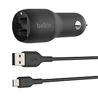 Belkin 24 Watt Dual USB Car Charger - 2 12W USB A Ports with Micro-USB Cable for Fast Charging Apple iPhone 14, 14 Pro, 14 Pro Max, iPhone 13, Samsung Galaxy, AirPods & More - USB-C Charger