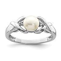 925 Sterling Silver Polished Rhodium Freshwater Cultured Button Pearl and Diamond Ring Jewelry Gifts for Women - Ring Size Options: 6 7 8