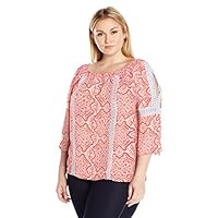 Women's Plus Size Printed 3/4 Cold Shoulder Crochet Smocked Blouse, Mango Trophy, 1X