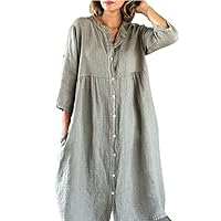 Fronage Casual Cotton Linen Dress for Women 2024 Summer 3/4 Sleeve Button Down Loose Fitted Maxi Dress with Pockets