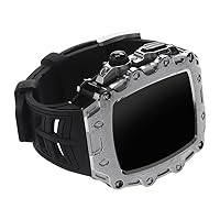 44mm Metal Case Rubber Strap for Apple Watch Series 7 45mm Luxury Mod Modification Kit with Glass Screen Cover for iWatch SE 654 (Color : Silver Black-Black, Size : 45mm)