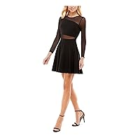 Womens Black Zippered Sheer Illusions Detail Long Sleeve Asymmetrical Neckline Mini Party Fit + Flare Dress Juniors 11