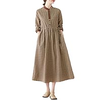 Long Sleeve Cotton Linen Vintage Plaid Dresses for Women Spring Autumn Casual Elegant Dress Ladies Dresses Clothes
