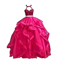 Halter Two Pieces Ball Gown Ruffled Prom Evening Dresses Formal Gowns Sequined Top Organza 2024