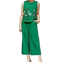 2 Piece Sets Women Embroidery Floral Sleeveless Outfits Summer Cotton Linen Tanks Tops and Wide Leg Pants Lounge Set