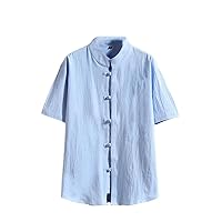 Chinese-Style Men's Short-Sleeve T-Shirt for Young Men, Casual Retro Cardigan, Standing Collar, Loose Shirt