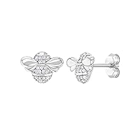 Solid 925 Sterling Silver Honey Bee Stud Earrings For Women's Girls Round D/VVS1 Diamond (Push Back)