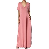 TheMogan Women's S~3X Casual V-Neck Short Sleeve Loose Fit Long Maxi Dress with Pockets