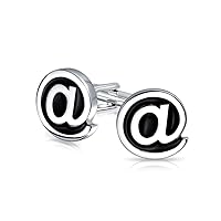 Black Round Computer Text Geek Symbol At Sign @ Cufflinks For Men Executive Graduation Bullet Hinge Back Silver Tone Stainless Steel